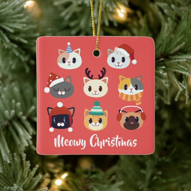 Meowy Christmas Cartoon Cats Photo on back Ceramic Ornament (Tree)
