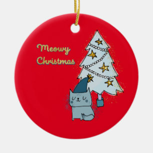 Meowy Christmas Cat and Tree   Ceramic Ornament