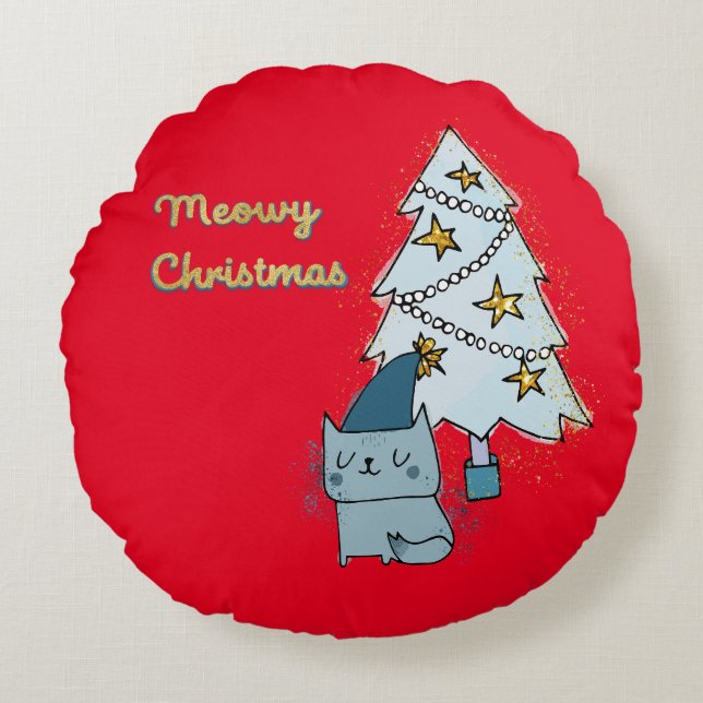 Meowy Christmas Cat and Tree   Round Pillow (Front)