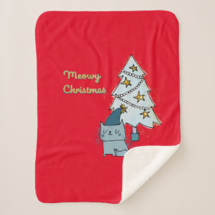 Meowy Christmas Cat and Tree  Sherpa Blanket