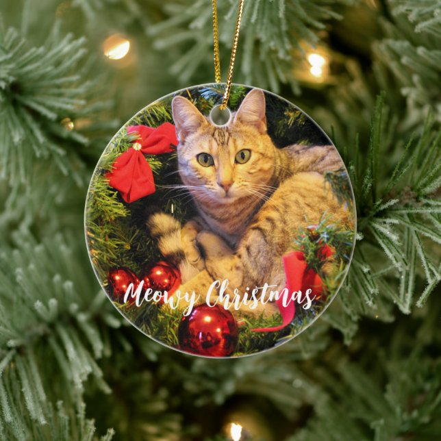 Meowy Christmas Cat Ceramic Ornament (Tree)