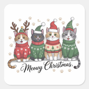 Meowy Christmas Cat Cute Cats with Santa Claus Hat Square Sticker