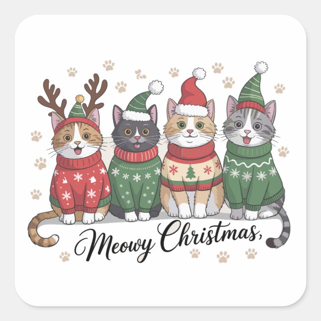 Meowy Christmas Cat Cute Cats with Santa Claus Hat Square Sticker (Front)