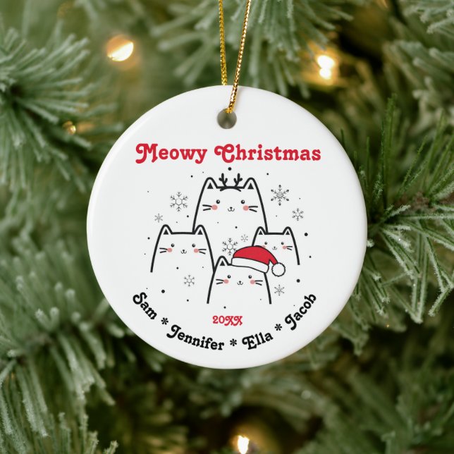 Meowy Christmas Cat Family Customizable Ceramic Ornament (Tree)