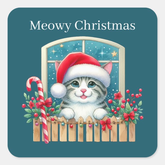 Meowy Christmas cat Holiday Square Sticker (Front)
