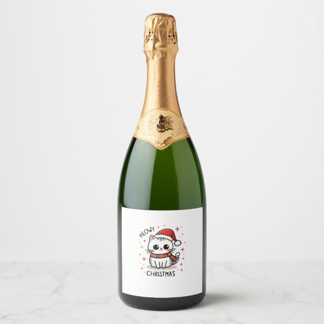 Meowy Christmas Cat Lover Funny Festive Holidays C Sparkling Wine Label (Front)