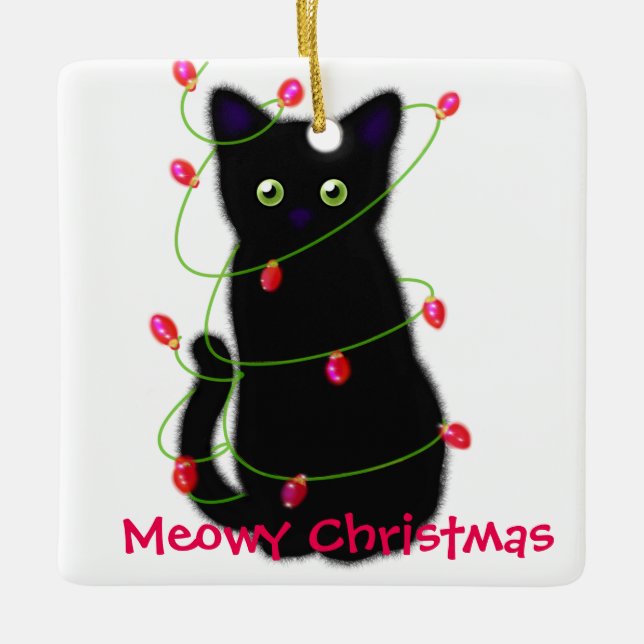 Meowy Christmas | cat lover gift | black cat  Ceramic Ornament (Front)