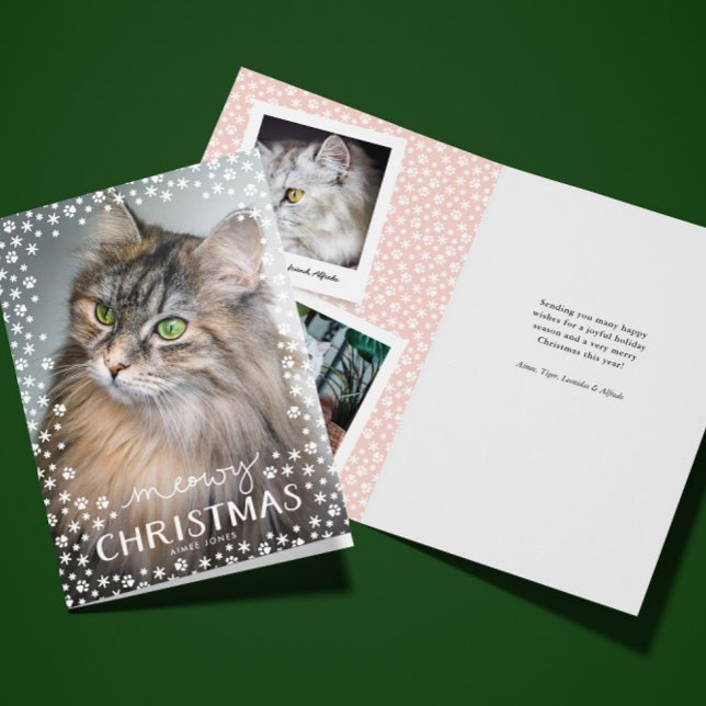 Meowy Christmas Cat Lover Holiday Greeting Card (folded cat Meowy Christmas holiday greeting card with custom photo and message inside)