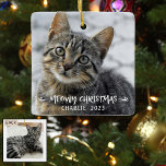 MEOWY CHRISTMAS Cat Name Photo Ceramic Ornament<br><div class="desc">Replace the sample photo with a picture of your cat(s) with the holiday greeting MEOWY CHRISTMAS and their name and year on the front for a keepsake ornament. For two-sided ornament styles, you can add a full-bleed photo on the back. GREETING PLACEMENT: You can move/resize the greeting to accommodate your...</div>