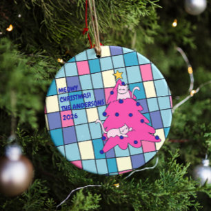 Meowy Christmas Cat Party Ceramic Ornament
