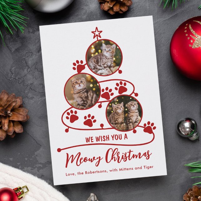 Meowy Christmas Cat Pet 3 Photo Red Holiday Card (Creator Uploaded)