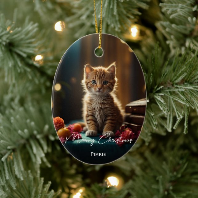 Meowy Christmas cat pet photo keepsake Christmas Ceramic Ornament (Tree)