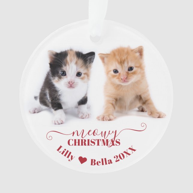 Meowy Christmas Cat Photo Names Red Ornament (Front)