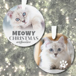 Meowy Christmas Cat Photo Ornament<br><div class="desc">Personalized "Meowy Christmas" Cat Photo Ornament. Bring some holiday cheer and humour to your decor with this playful cat ornament, perfect for those with a mischievous kitten or sassy kitty. The front features the festive text "Meowy Christmas" as a fun twist on the traditional greeting, along with your cat's name,...</div>