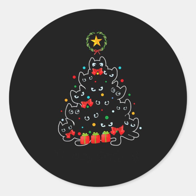 Meowy Christmas Cat Tree Kitty For Cat Lover  Classic Round Sticker (Front)