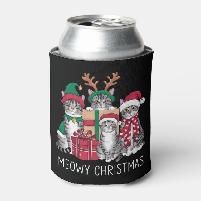 Meowy Christmas Cat Xmas Funny Cats Lover  Can Cooler (Can Front)