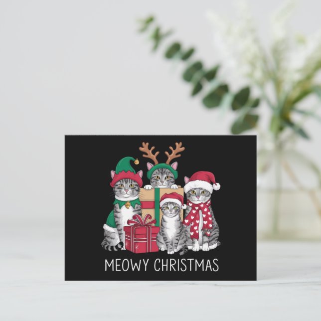 Meowy Christmas Cat Xmas Funny Cats Lover  Holiday Postcard (Standing Front)