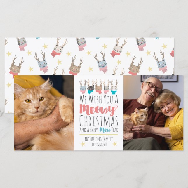 Meowy Christmas Cats + Antlers Carte photo de vaca (Devant / Derrière)