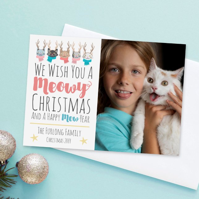 Meowy Christmas Cats + Antlers Holiday Photo Card (Creator Uploaded)