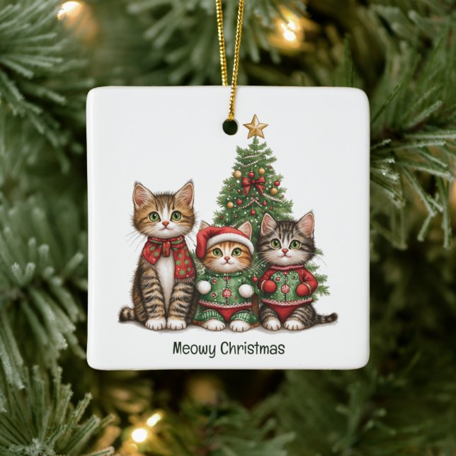 Meowy Christmas Cats Ceramic Ornament (Tree)