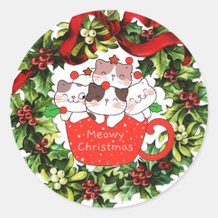 Meowy Christmas Cats in a Cup Cute Wreath Sticker