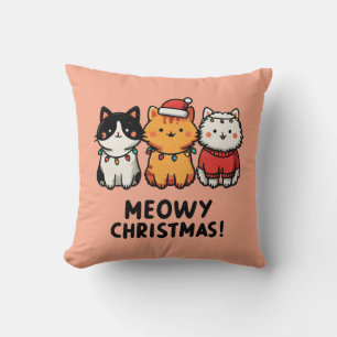 Meowy Christmas Cats Santa Hats Throw Pillow