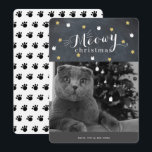Meowy Christmas Chalkboard Photo Holiday Card<br><div class="desc">This cute "meowy christmas" christmas holiday card features your photo and patterns of faux gold stars and white cat face on a black chalkboard background. The reverse side features a white background with cat's paw print patterns. Personalize for your needs. You can find more matching products at my store.</div>