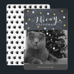 Meowy Christmas Chalkboard Photo Holiday Card<br><div class="desc">This cute "meowy christmas" christmas holiday card features your photo and patterns of faux gold stars and white cat face on a black chalkboard background. The reverse side features a white background with cat's paw print patterns. Personalize for your needs. You can find more matching products at my store.</div>