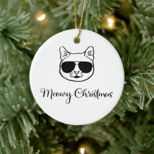 “Meowy Christmas” Cool Cat in Shades Ceramic Ornament
