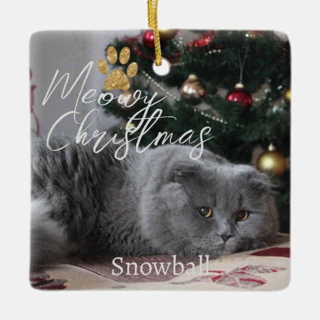 Meowy Christmas Custom Cat Photo & Paw Ceramic Ornament (Front)