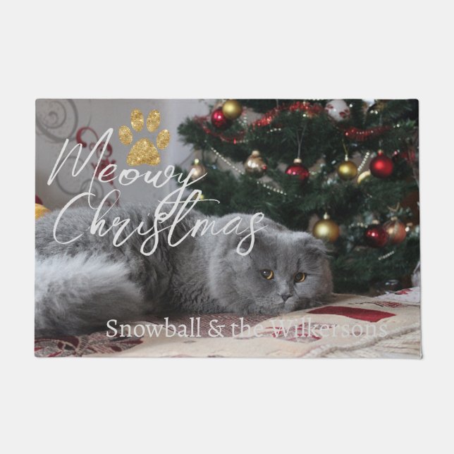 Meowy Christmas Custom Cat Photo & Paw Doormat (Front)
