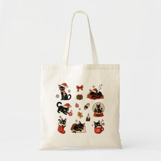 Meowy Christmas Cute Black Cat Cozy Sticker Pack Tote Bag