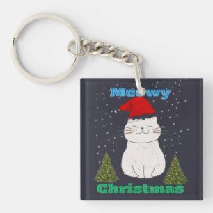 Meowy Christmas Cute Cat Design Funny Holiday Ca Keychain