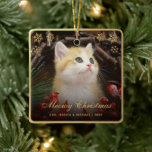 Meowy Christmas Cute Cat Pet Photo Faux Gold Foil Ceramic Ornament<br><div class="desc">A faux gold foil photo Christmas ornament for cat lovers. It has a placeholder photo of a cute ginger kitten among red and green Christmas decorations. The photo is in a faux gold foil frame, with snowflakes in the upper corners, also from faux gold foil. In the lower part there...</div>