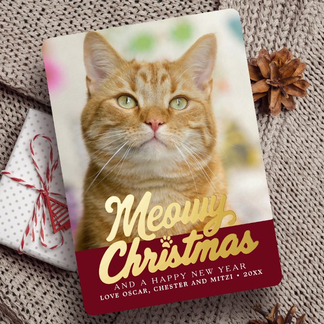 Meowy Christmas Cute Cat Photo Christmas Foil Holiday Card (Creator Uploaded)