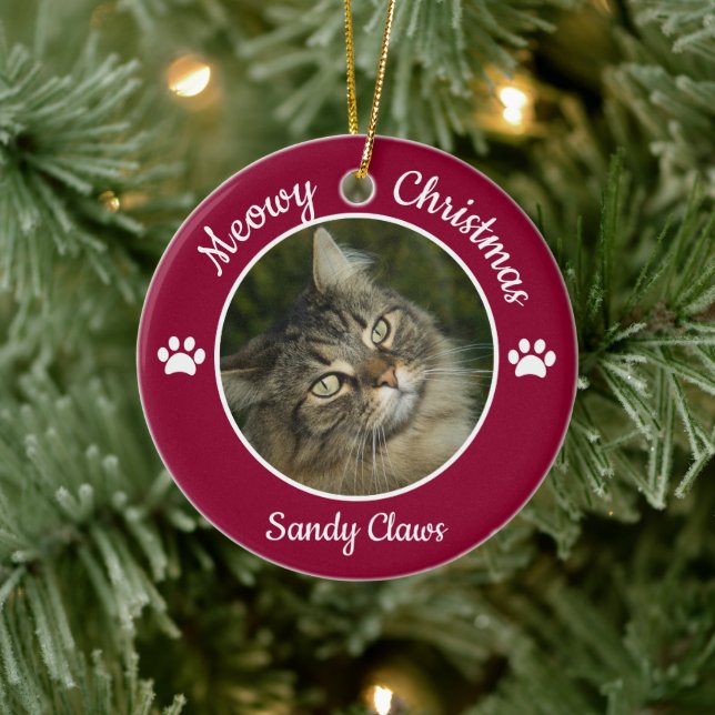 Meowy Christmas Cute Cat Photo Name Year Paws Ceramic Ornament