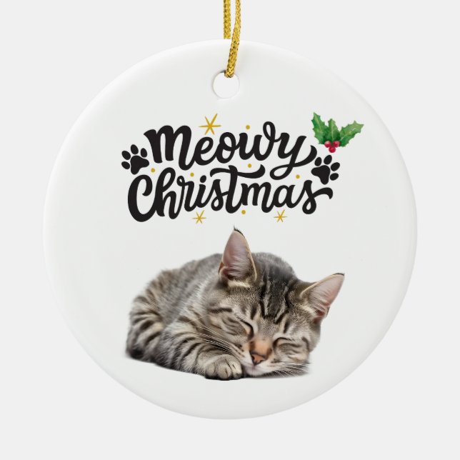 Meowy Christmas Cute Cat Sleeping  Ceramic Ornament (Front)