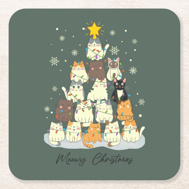 Meowy Christmas — Cute Cat Tree Square Paper Coaster (Front)