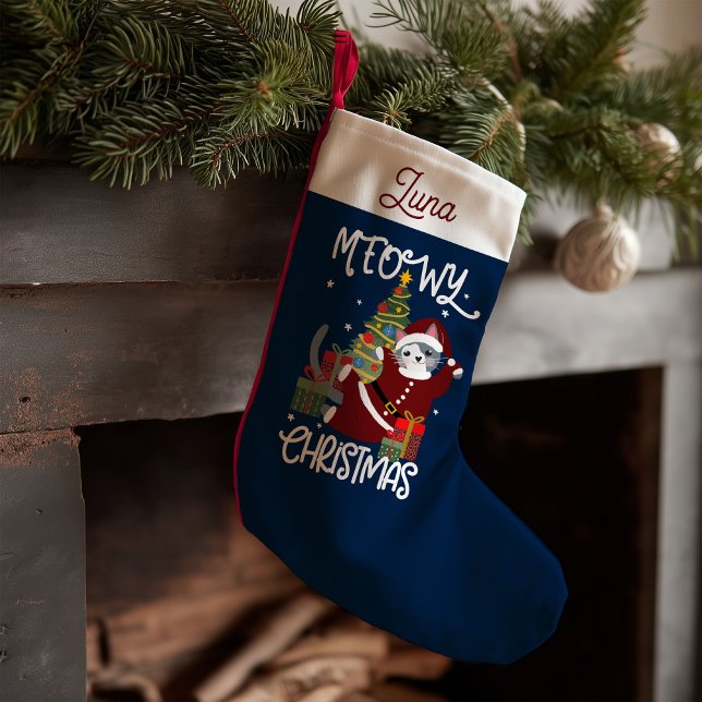 Meowy Christmas Cute Funny Cat  Small Christmas Stocking (Creator Uploaded)