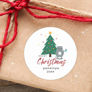Meowy Christmas Cute Funny Cat with Name Classic Round Sticker