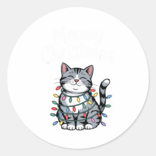 Meowy Christmas Cute Gray Tabby Cat Holiday Lights Classic Round Sticker