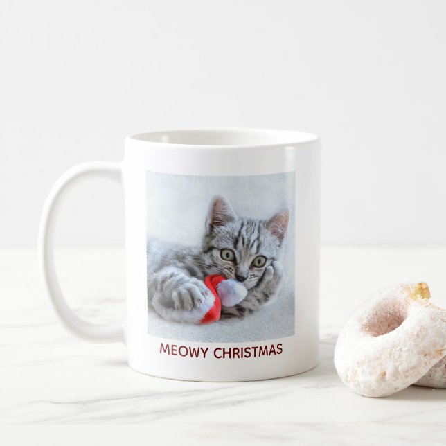 Meowy Christmas Cute Grey Tabby Cat Coffee Mug (With Donut)