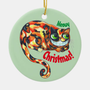 Meowy Christmas Cute Grinning Calico Cat Big Eyes Ceramic Ornament