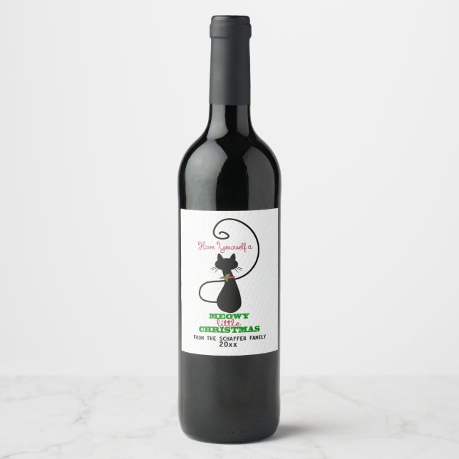 Meowy Christmas, Cute Holiday Cat Wine Label (Front)