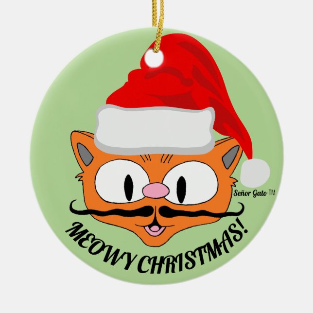 "MEOWY CHRISTMAS" Cute Moustache Cat Festive Ceramic Ornament (Front)