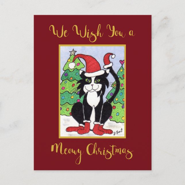 Meowy Christmas Cute Tuxedo Cat Custom Holiday Postcard (Front)