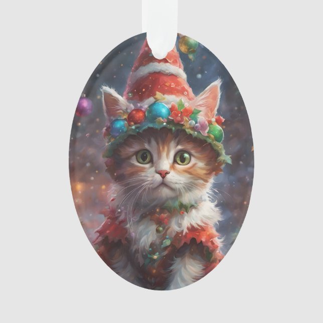 Meowy Christmas Elf Kitten Ornament (Front)