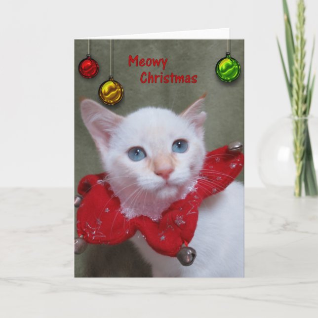 Meowy Christmas - Flame Point Siamese Holiday Card (Front)