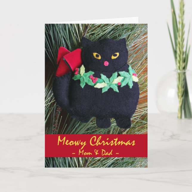 Meowy Christmas for Parents, Black Cat Ornament Holiday Card (Front)