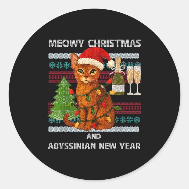 Meowy Christmas Funny Abyssinian Cat Santa Hat Ugl Classic Round Sticker (Front)